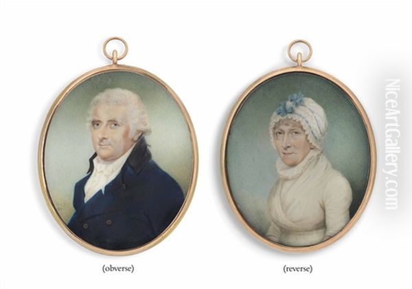 A Double-sided Portrait Miniature Of A Gentleman, In Blue Coat; On The Other Side A Lady, In White Dress, White Mob Cap Decorated With Blue Ribbons Oil Painting by Sampson Towgood Roch