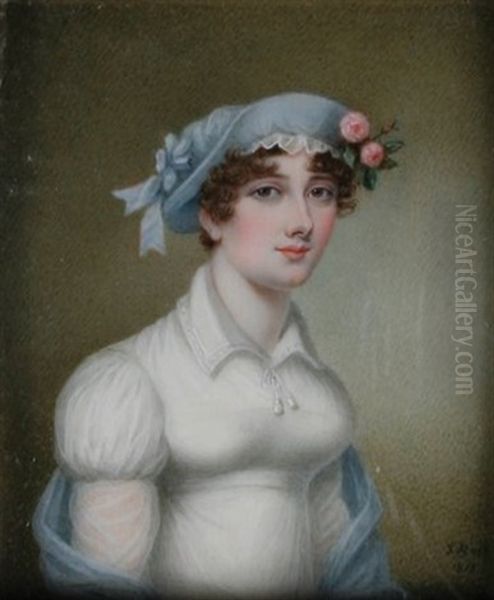 Portrait Miniature Of A Young Woman Wearing A Flower Enhanced Hat Oil Painting by Sampson Towgood Roch