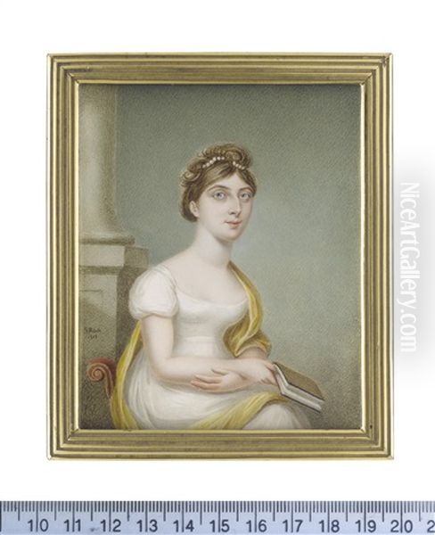 A Lady, Seated On A Red Upholstered Chair, Wearing White Decollete Dress With Capped Sleeves, A Canary Yellow Stole Draped About Her, Her Hair Upswept And Dressed With Pearls Oil Painting by Sampson Towgood Roch