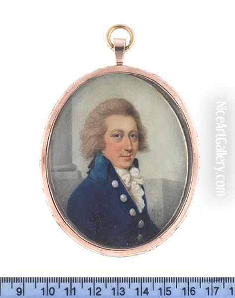 A Gentleman, Wearing Blue Coat, Yellow Waistcoat, White Stock, Cravat And Frilled Chemise, His Powdered Wig Tied With A Black Ribbon Bow Oil Painting by Sampson Towgood Roch