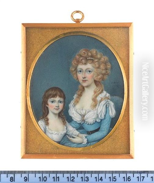 A Mother And Daughter, The Former Seated And Wearing, Blue Dress, Black Belt With Gem Set Buckle, White Fichu Dressed With Pearls Oil Painting by Sampson Towgood Roch