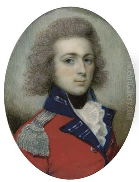 A Young Officer, In Red Coat With Blue Collar And Silver-embroidered Facings, Silver Buttons And Epaulette, White Frilled Cravat, Black Stock, Powdered Hair Oil Painting by Sampson Towgood Roch