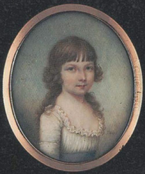 A Young Girl Wearing Low-cut White Dress With Frilled Trim And Blue Ribbon Waistband Oil Painting by Sampson Towgood Roch