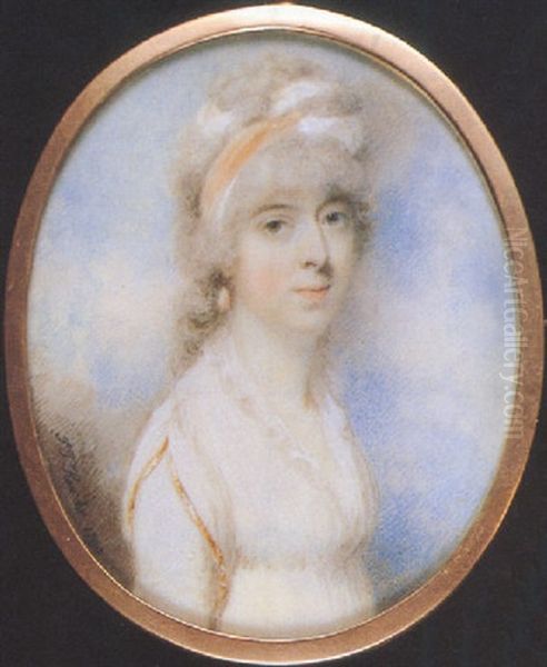 Mrs. Butler, In White Dress With Frilled Neckline, The Sleeve Edged With Gold, Drop Pearl Earrings, A Pale Brown And White Bandeau In Her Powdered Hair Oil Painting by Sampson Towgood Roch