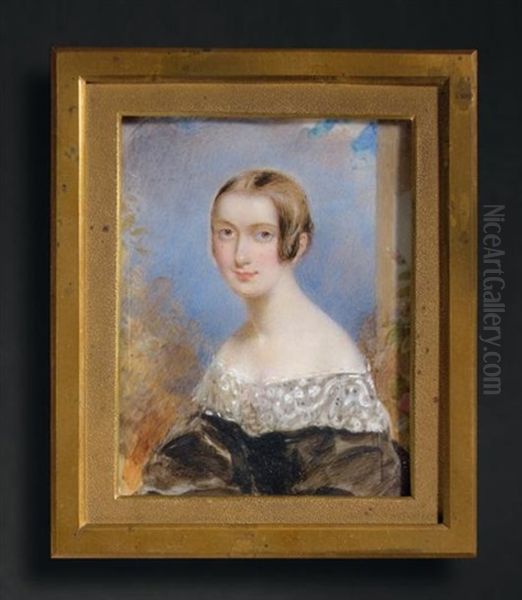 Portrait De Mademoiselle Julie Loiseau En Buste Vers La Gauche, Portant Une Robe De Velours Noir Brodee De Dentelle Oil Painting by Francois Theodore Rochard