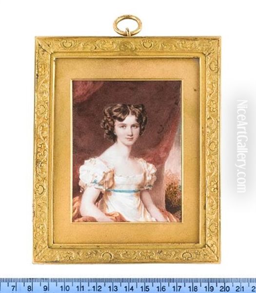 A Young Lady, Called Miss Mary C. Gerrard, Aged 16, Seated Before Red Drapery And Wearing Cream Dress With Lace Trim And Turquoise Blue Ribbon At Her Waist, Bouffant Sleeves Oil Painting by Francois Theodore Rochard