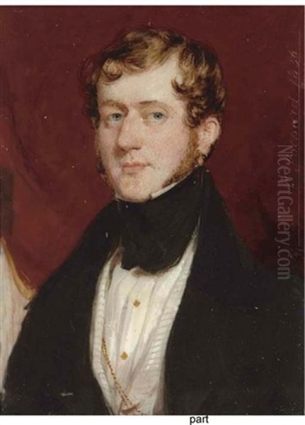 A Gentleman In Black Coat And Stock, Striped White Waistcoat With Crimson Drapery Oil Painting by Francois Theodore Rochard