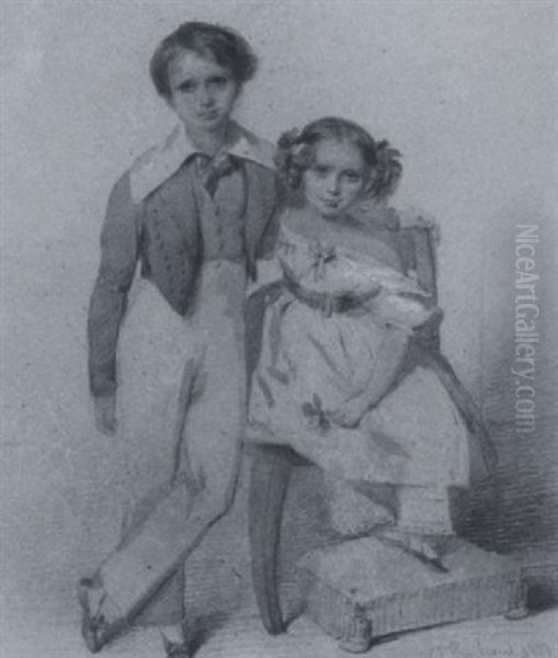 James Henry And Catherine Reed, As Children: She Wearing A White Dress With Blue Waistband And Ribbon, Her Brother Wearing White Pantaloons, Wide Collar, Brown Coat And Waistcoat by Francois Theodore Rochard