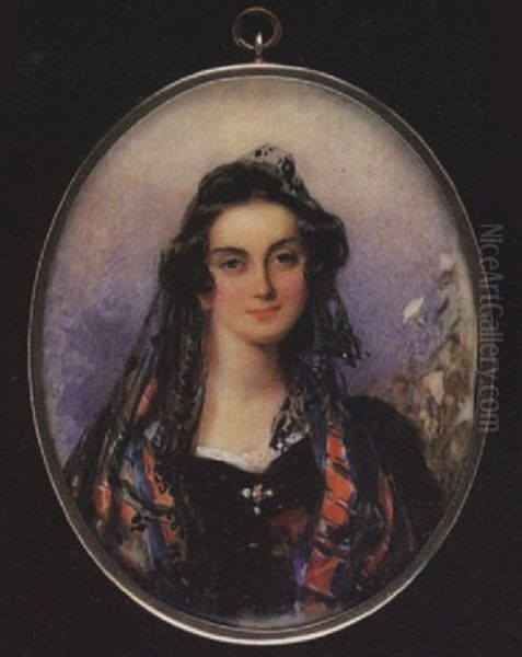 A Lady Wearing Decollete Black Dress, White Lace Underslip, Black Lace Veil And Multicoloured Shawl, A Brooch At Her Corsage by Francois Theodore Rochard