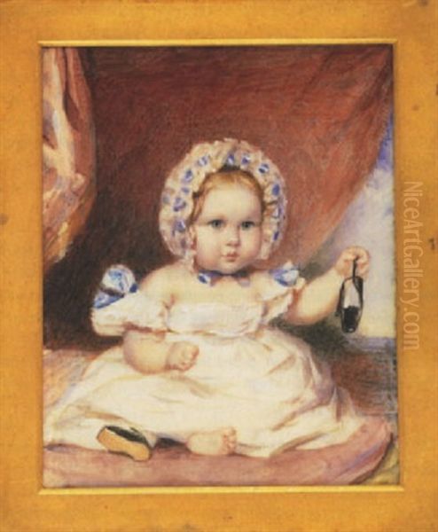 A Baby, Wearing Low Cut White Dress With Blue Ribbon Bows At Its Shoulders, Matching Bonnet And One Black Shoe, The Other In Its Hand Oil Painting by Francois Theodore Rochard