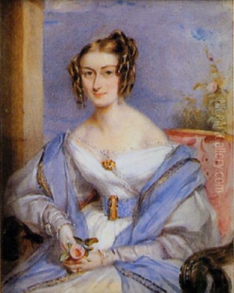 Portrait Of A Lady, Seated Holding A Pink Rose, In White Dress With Lace Edging, A Trimmed Blue Shawl Over Her Shoulders Oil Painting by Francois Theodore Rochard