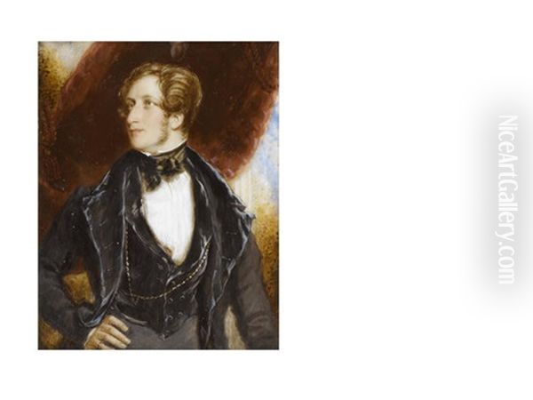 Frederick William Robert Stewart, 4th Marquess Of Londonderry Kp, Pc (1805 - 1872), Viscount Castlereagh (1822-1854), Standing Before Drapery And Wearing Black Trousers, Coat And Waistcoat Oil Painting by Simon Jacques Rochard