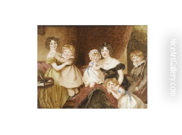 A Lady, Wearing Black Decollete Dress And Seated With Her Three Daughters And Two Sons In An Interior: The Eldest Daughter, Wearing Gold Dress And Black Sash To Her Waist; Her Younger Daughters Oil Painting by Simon Jacques Rochard