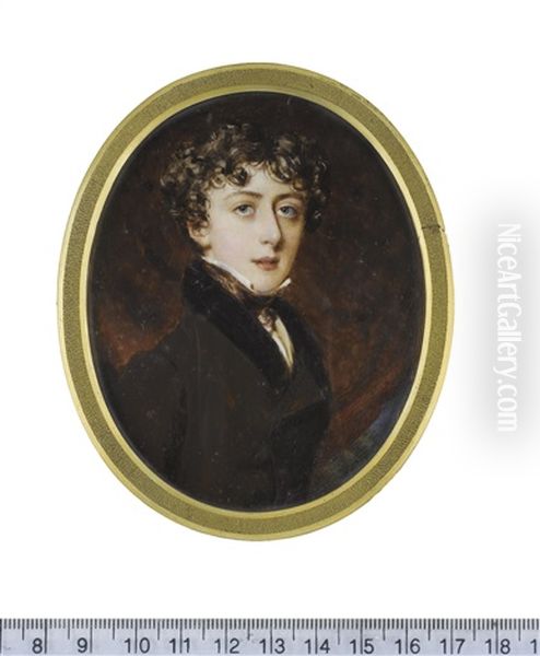 William Wentworth (b.1807), Standing Before Red Drapery And Wearing Brown Hair With Black Collar, Cream Waistcoat, White Chemise And Brown Stock Oil Painting by Simon Jacques Rochard