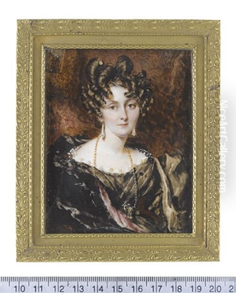 Harriet Ann Kingston (nee Rooke), Wearing Black Decollete Dress With Bouffant Sleeves And White Lace Trim, Gold Necklace, Black Cloak With Pink Lining... Oil Painting by Simon Jacques Rochard