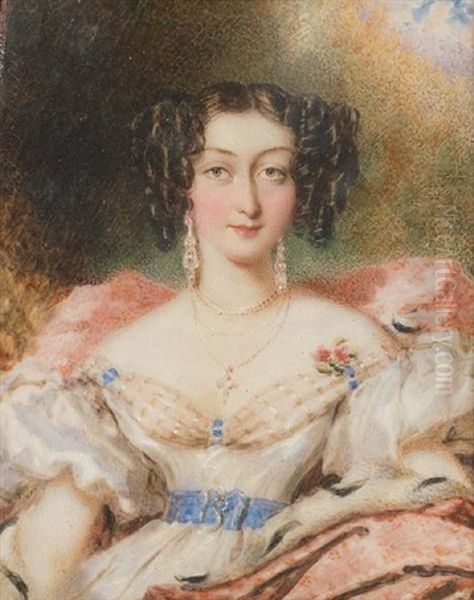 A Lady, Seated In A Chair Covered With A Pink Throw, Wearing White Dress With Puff Sleeves, Blue Sash With Diamond Buckle In The Form Of A B Oil Painting by Simon Jacques Rochard