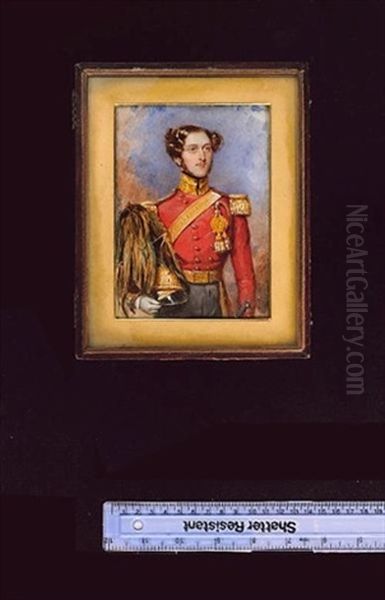 An Officer Of The 9th Light Dragoons (lancers), Wearing The Full-dress Uniform, Scarlet Coatee With Gold Epaulettes, Gold Stand Up Collar, Gold Waistbelt Bearing A Regimental Pattern Plate Oil Painting by Simon Jacques Rochard