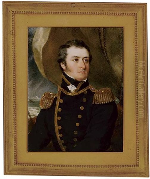 Captain Paul Irby, In Naval Uniform, Blue Gold-edged Coat, Brass Buttons And Gold Epaulettes; Curtain And Seascape Background Oil Painting by Simon Jacques Rochard