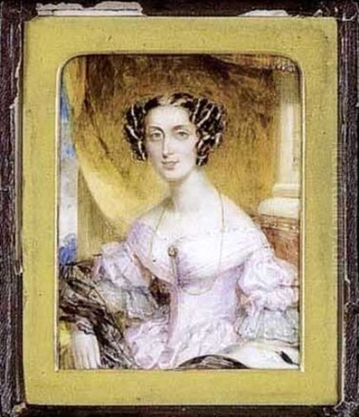 A Lady, Seated, Wearing Pink Dress With White Lace On The Sleeves, Black Lace Shawl And Gold Necklace, Curtain Background Oil Painting by Simon Jacques Rochard