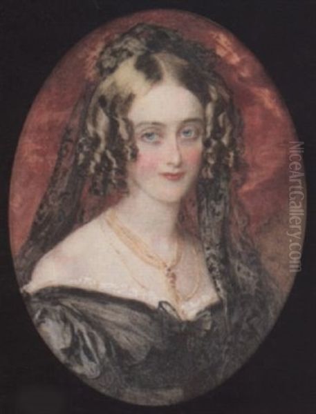 A Lady Wearing Decollete Black Dress With Bow At Her Corsage And White Underslip, Gold Necklaces And Black Lace Veil In Her Ringletted Hair Oil Painting by Simon Jacques Rochard