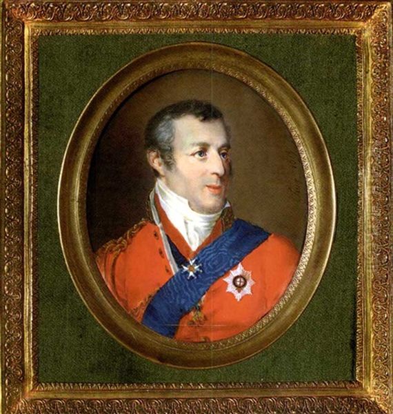 Arthur Wellesley, Duke Of Wellington In Red Coat With Gold-embroidered Collar, Gold Epaulette And Lacing, White Waistcoat And Frilled Cravat, Wearing The Jewel Of The Order Of The Golden Fleece Oil Painting by Simon Jacques Rochard