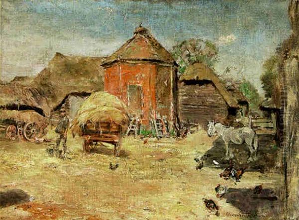 Sundrenched Barnyard Scene With A Figure By A Cart, Mule And Chickens Oil Painting by Alexander Roche