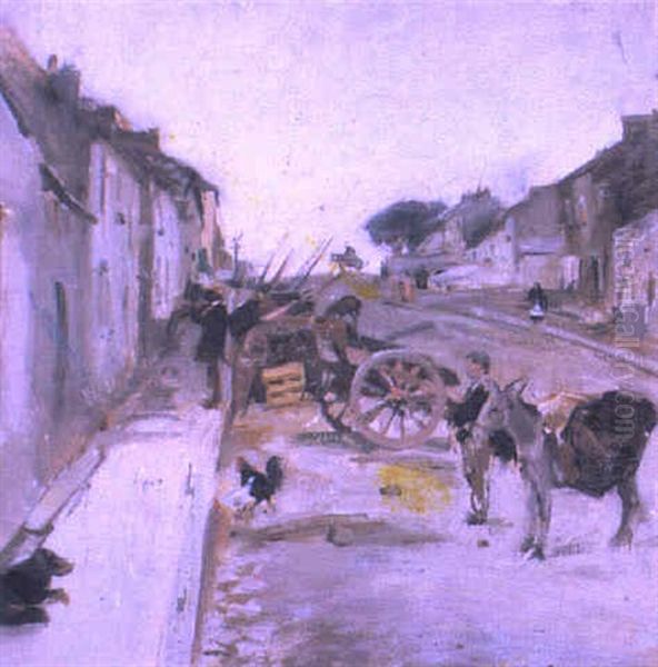 A Boy With A Donkey And Carts In A Village Street Oil Painting by Alexander Roche