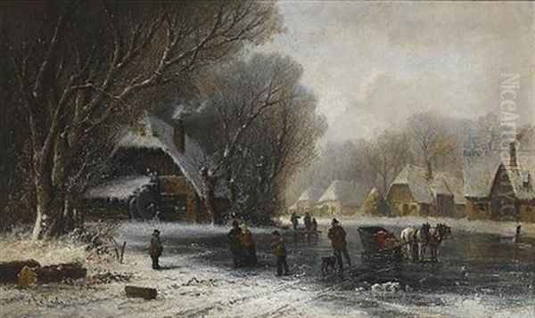 A Winter Scene With Figures Skating Oil Painting by Armand la Roche