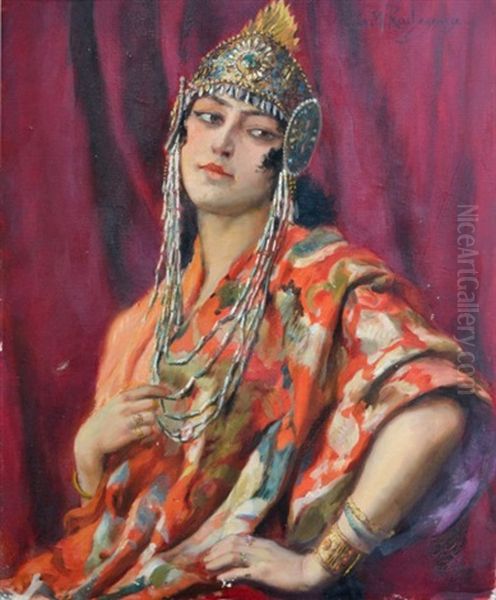 Portrait De Femme Arabe Sur Fond Rouge Oil Painting by Georges Antoine Rochegrosse