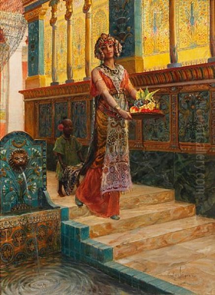 A Middle Eastern Princess Descending A Staircase With Attendant Oil Painting by Georges Antoine Rochegrosse