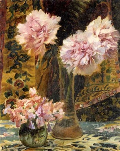 Deux Bouquets De Fleurs Sur Un Fond De Tapisserie Oil Painting by Georges Antoine Rochegrosse