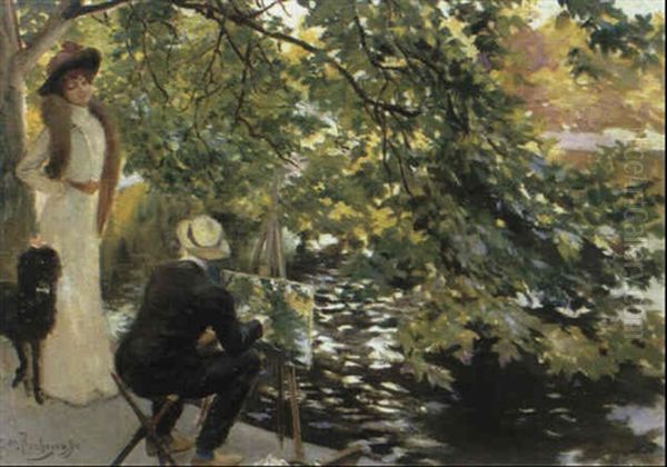 Le Peintre Et Son Modele Au Bois De Boulogne Oil Painting by Georges Antoine Rochegrosse