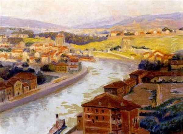 Vista De Pueblo Con Rio Oil Painting by Juan Jose Rochelt Amann