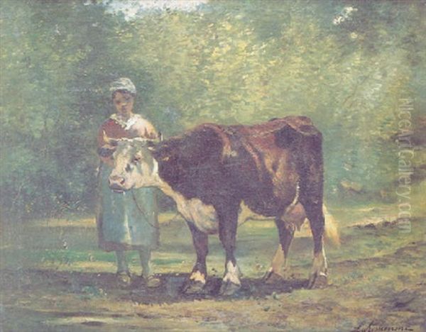 Campesina Con Vaca Oil Painting by Emile Charles Julien de la Rochenoire