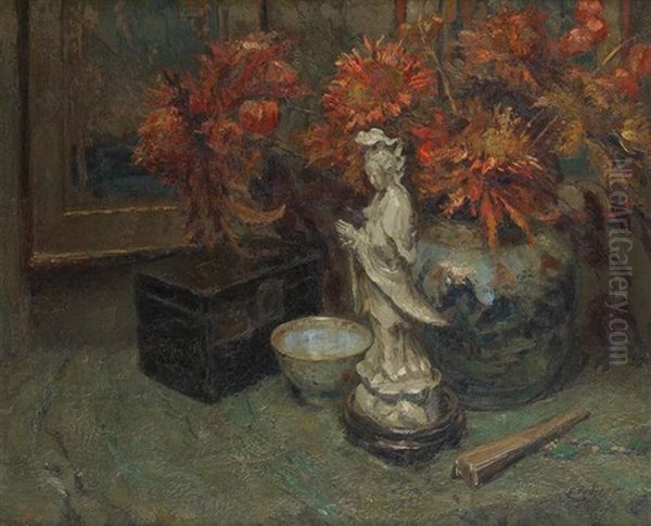 Blanc De Chine Sur Fond Floral Oil Painting by Ernest Rocher