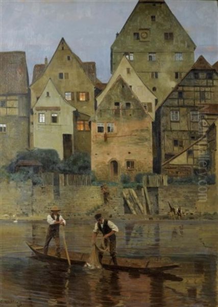 Stadtansicht Mit Fischern Im Fluss Oil Painting by Carl Roechling