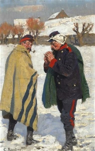 Kalter Wintertag. Zwei Franzosische Soldaten, Vor Einem Dorfe Inne Haltend Oil Painting by Carl Roechling