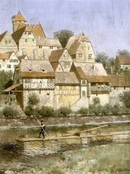 Mittelalterliches Stadtchen An Fluss Mit Stauwehr Und Holzflosser Oil Painting by Carl Roechling