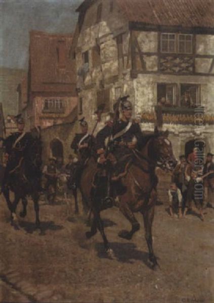 Preussische Ulanen Reiten Durch Ein Dorf (in Der Pfalz?) Oil Painting by Carl Roechling