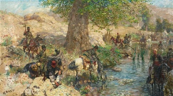 A Turkish Military Encampment Oil Painting by Theodor Rocholl