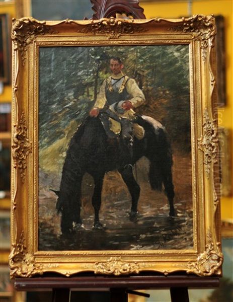 Cavalier Et Son Cheval S'abbreuvant Oil Painting by Theodor Rocholl