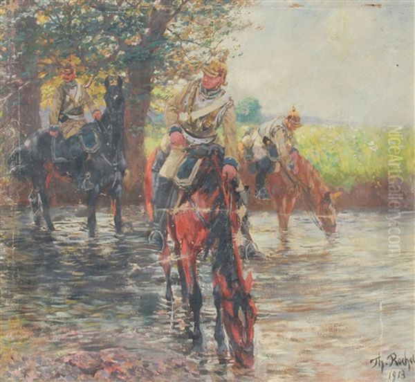 Soldiers On Horseback Crossing A Stream Oil Painting by Theodor Rocholl