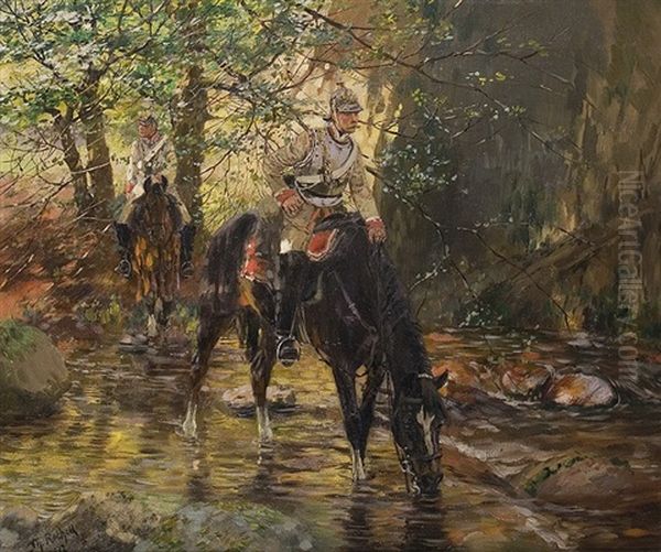 Guard Cuirassiers At Forest Brook Oil Painting by Theodor Rocholl