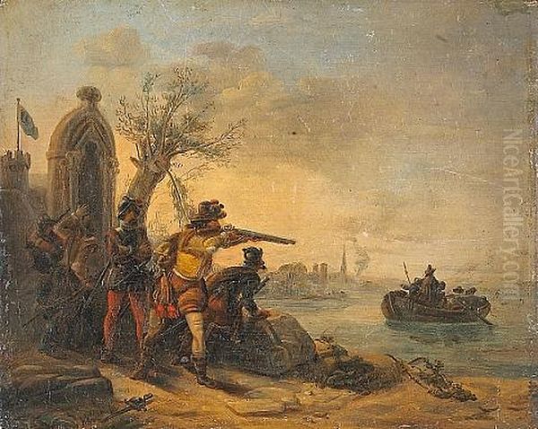 A Small Group Of Soldiers Defending An Outpost By The Water's Edge Oil Painting by Hendrik Rochussen the Elder