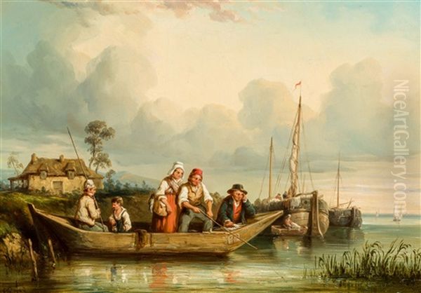 Figures On A Ferry Boat Oil Painting by Charles Rochussen