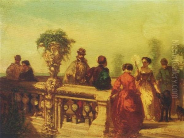 La Terrasse: Elegant Company On A Terrace Oil Painting by Charles Rochussen