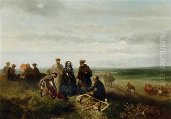 Chasse Au Facon; An Elegant Company During A Falcon Hunt Oil Painting by Charles Rochussen