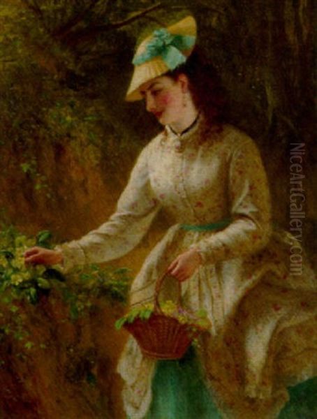 An Elegant Lady Picking Primulas Oil Painting by Charles Rochussen