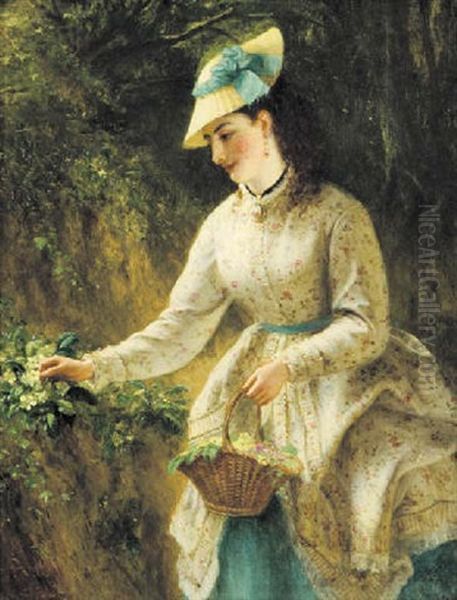 An Elegant Lady Picking Primulas Oil Painting by Charles Rochussen