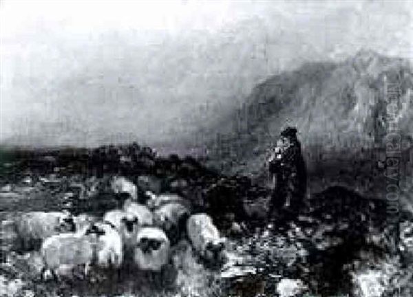 A Sheperd And Flock In The Scottish Highlands Oil Painting by Charles Rochussen